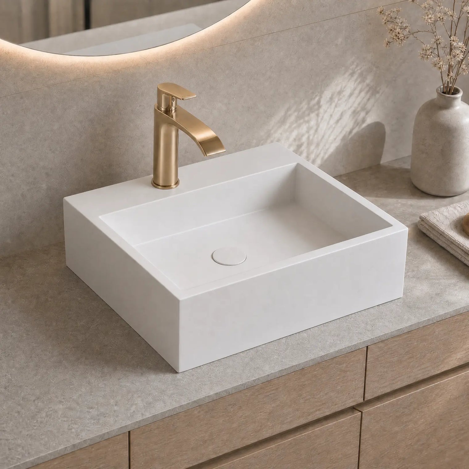 White rectangular sink with gold faucet on a beige countertop