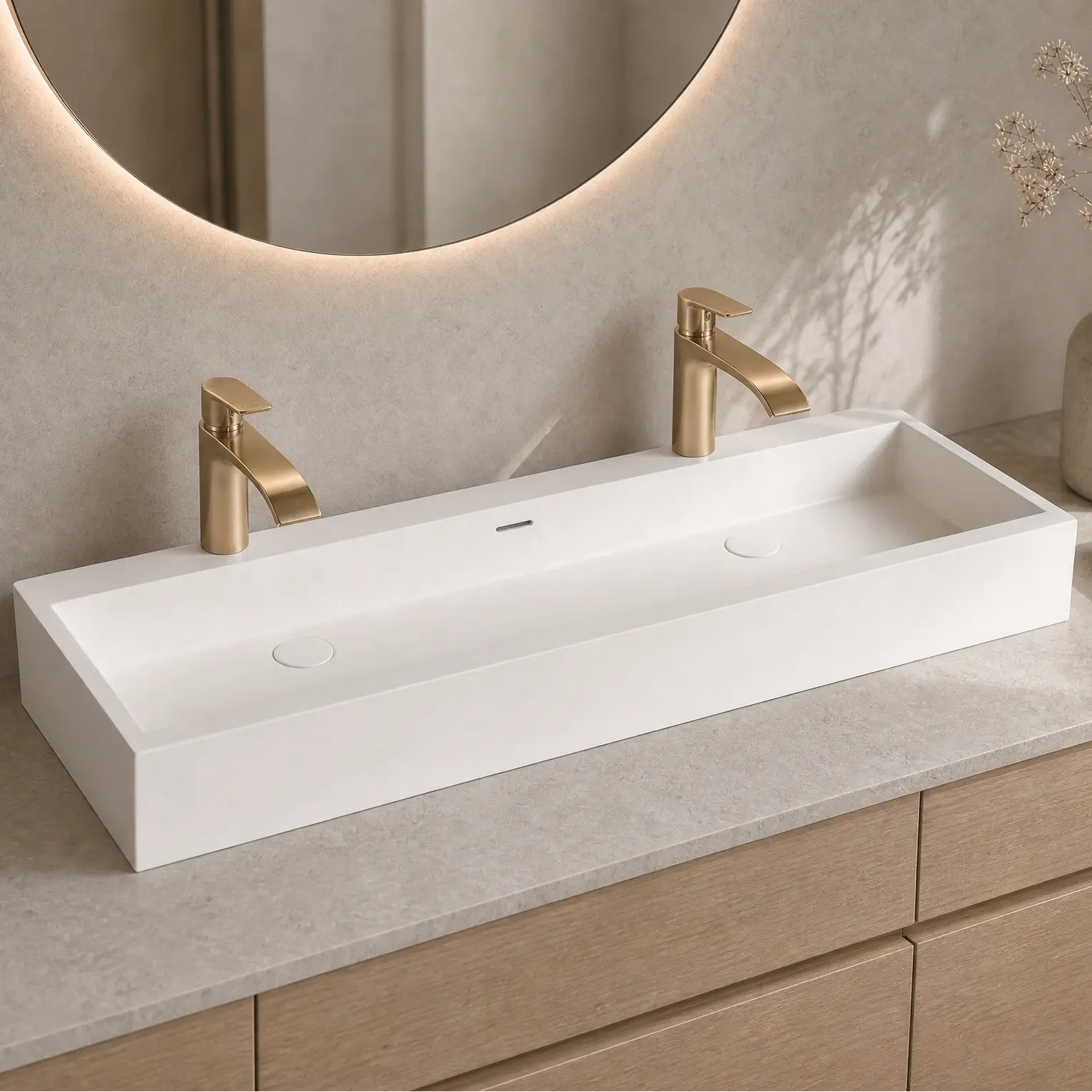 Bathroom vanity with white rectangular sink, gold faucets, and decorative elements.