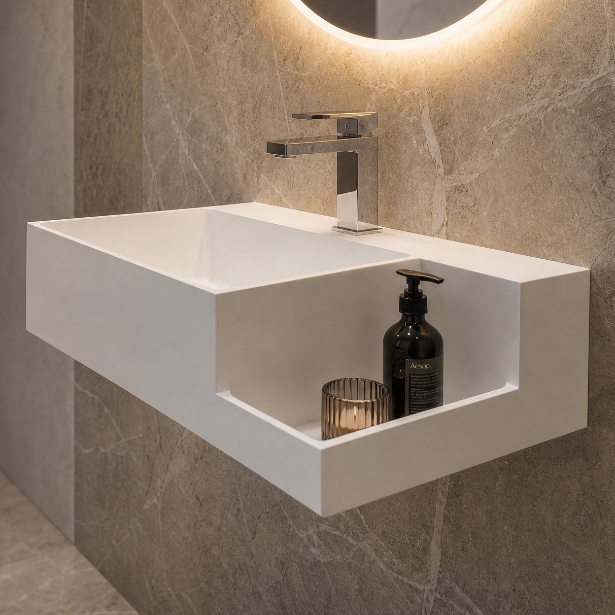A modern floating white rectangular bathroom sink with a chrome faucet, mounted on a textured gray stone wall beneath a glowing round mirror. A small plant and folded towels sit on a wooden stool in the foreground.