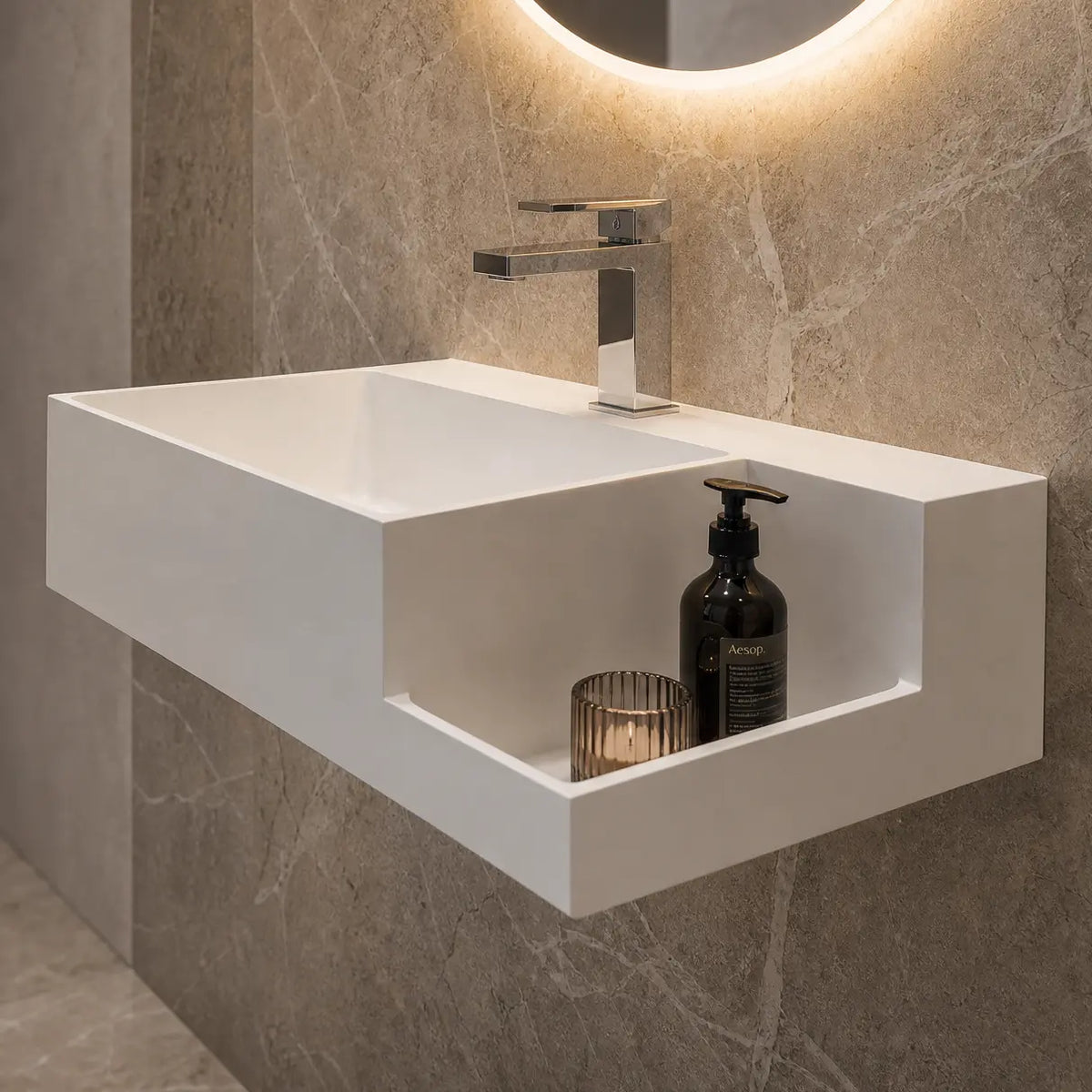 A modern floating white rectangular bathroom sink with a chrome faucet, mounted on a textured gray stone wall beneath a glowing round mirror. A small plant and folded towels sit on a wooden stool in the foreground.