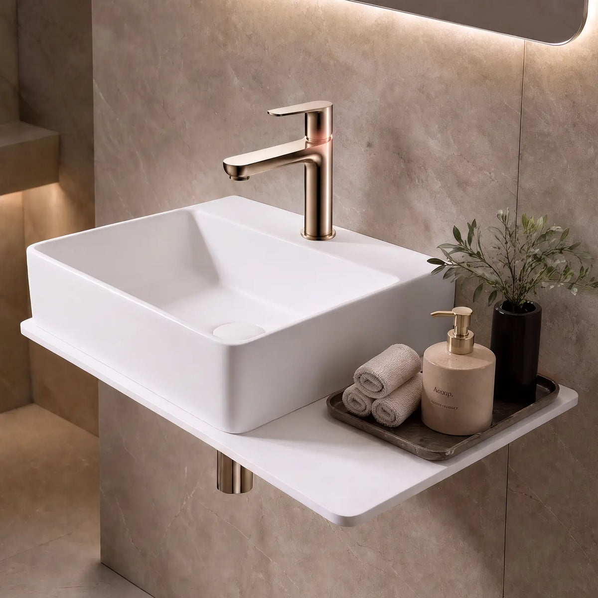 A modern wall-mounted bathroom sink with a rectangular white basin and a matte brass faucet, shown installed on a beige stone wall with warm ambient lighting.