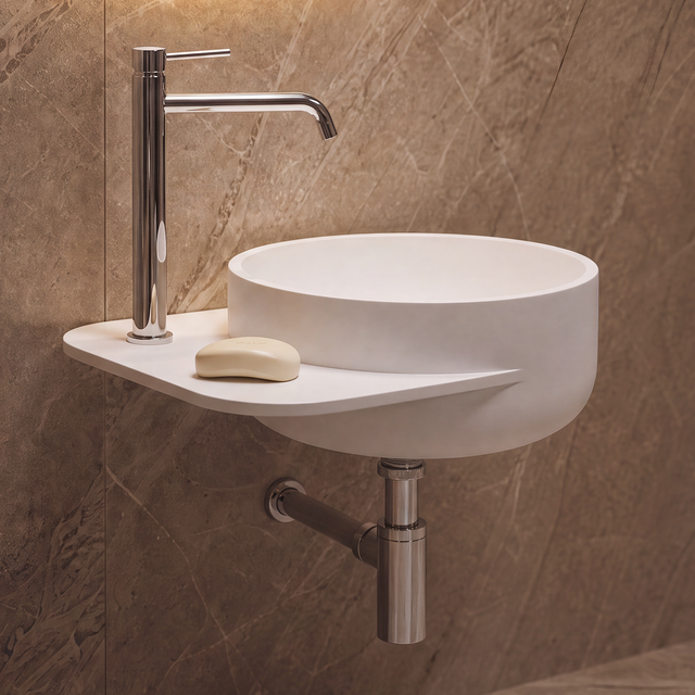 A modern wall-mounted white vessel sink with a chrome faucet, set against a brown stone-look tiled wall with an illuminated round mirror above.