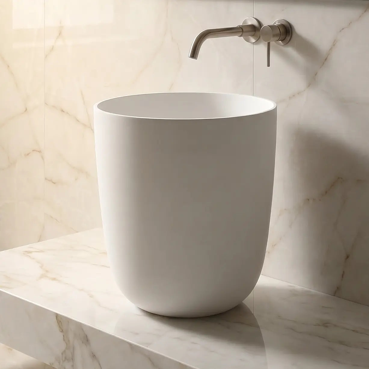White freestanding sink on a marble countertop with a neutral-toned wall in the background
