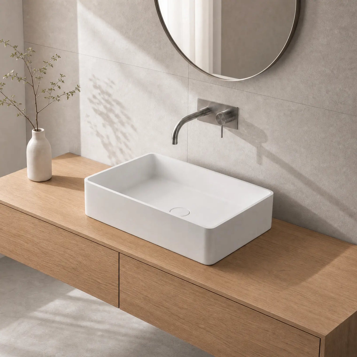 Bathroom vanity with white sink, wooden cabinet, and round mirror.