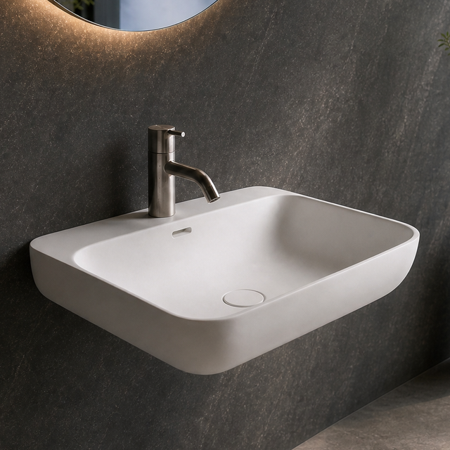 A modern wall-mounted white sink with a chrome faucet in a dark gray bathroom, featuring a large oval mirror with warm lighting and a large window overlooking a waterfall landscape.