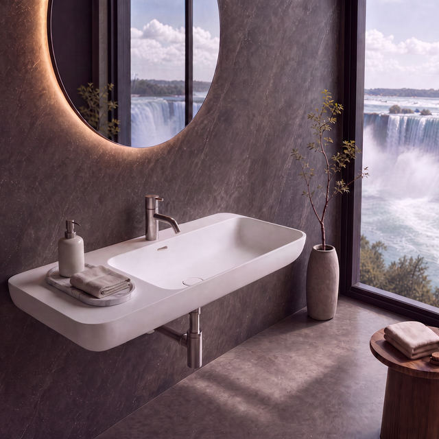 A modern wall-mounted white Solid Surfaces sink with a chrome faucet in a dark stone bathroom, featuring a large oval mirror and a floor-to-ceiling window overlooking a massive waterfall.
