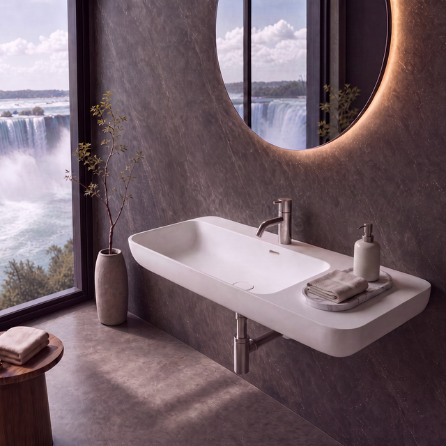 A modern wall-mounted white solid surfaces sink with a chrome faucet, set in a dark stone bathroom with a large circular backlit mirror and a window showing a waterfall landscape.