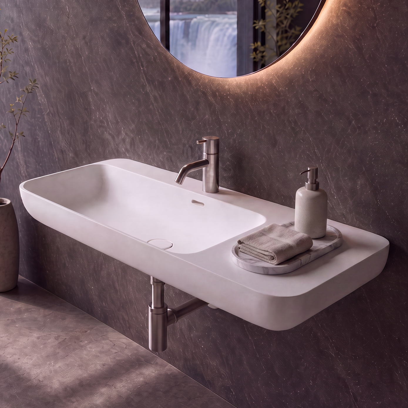 A modern wall-mounted white solid surfaces sink with a chrome faucet, set in a dark stone bathroom with a large circular backlit mirror and a window showing a waterfall landscape.