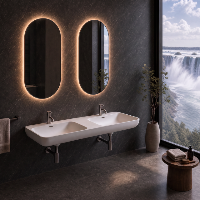 A modern double-sink bathroom wall setup with two illuminated oval mirrors, a white floating basin, chrome faucets, a towel bar, and a large window overlooking a waterfall landscape.