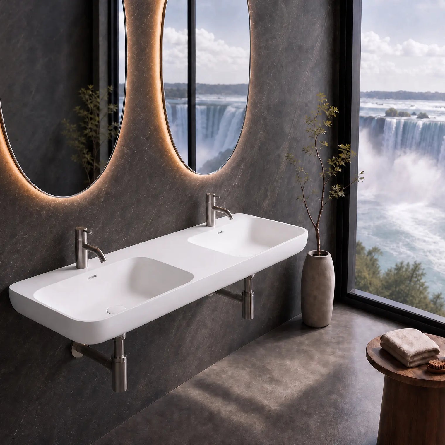 A modern wall-mounted double basin sink in matt white solid surfaces, installed in a dark gray bathroom with illuminated oval mirrors and a large window overlooking a waterfall landscape.