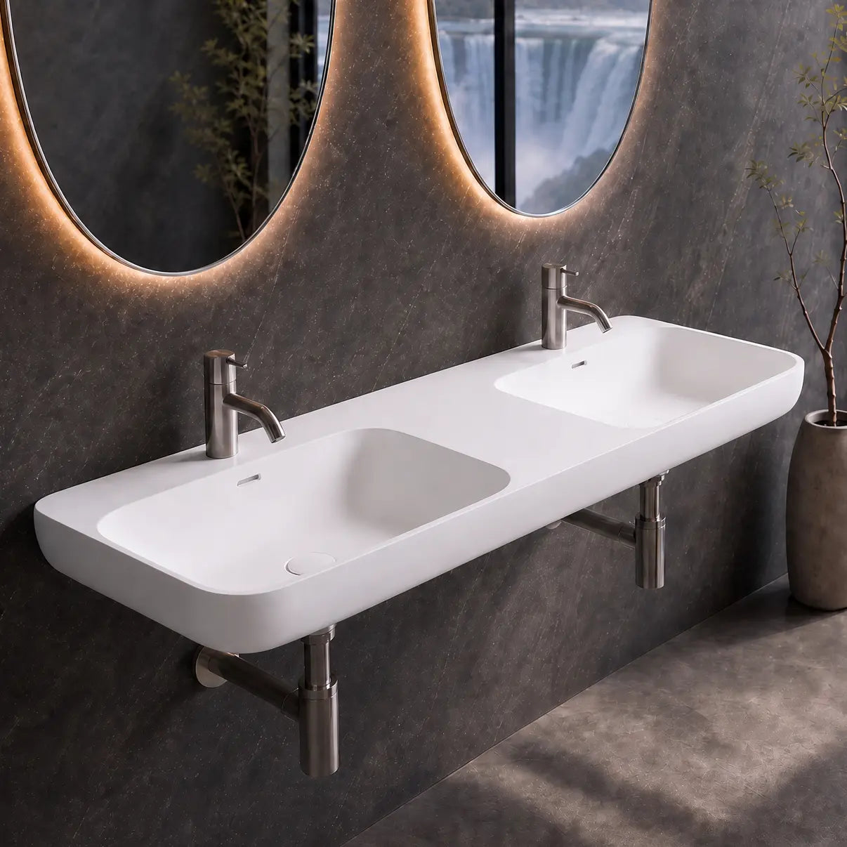 A modern wall-mounted double basin sink in matt white solid surfaces, installed in a dark gray bathroom with illuminated oval mirrors and a large window overlooking a waterfall landscape.