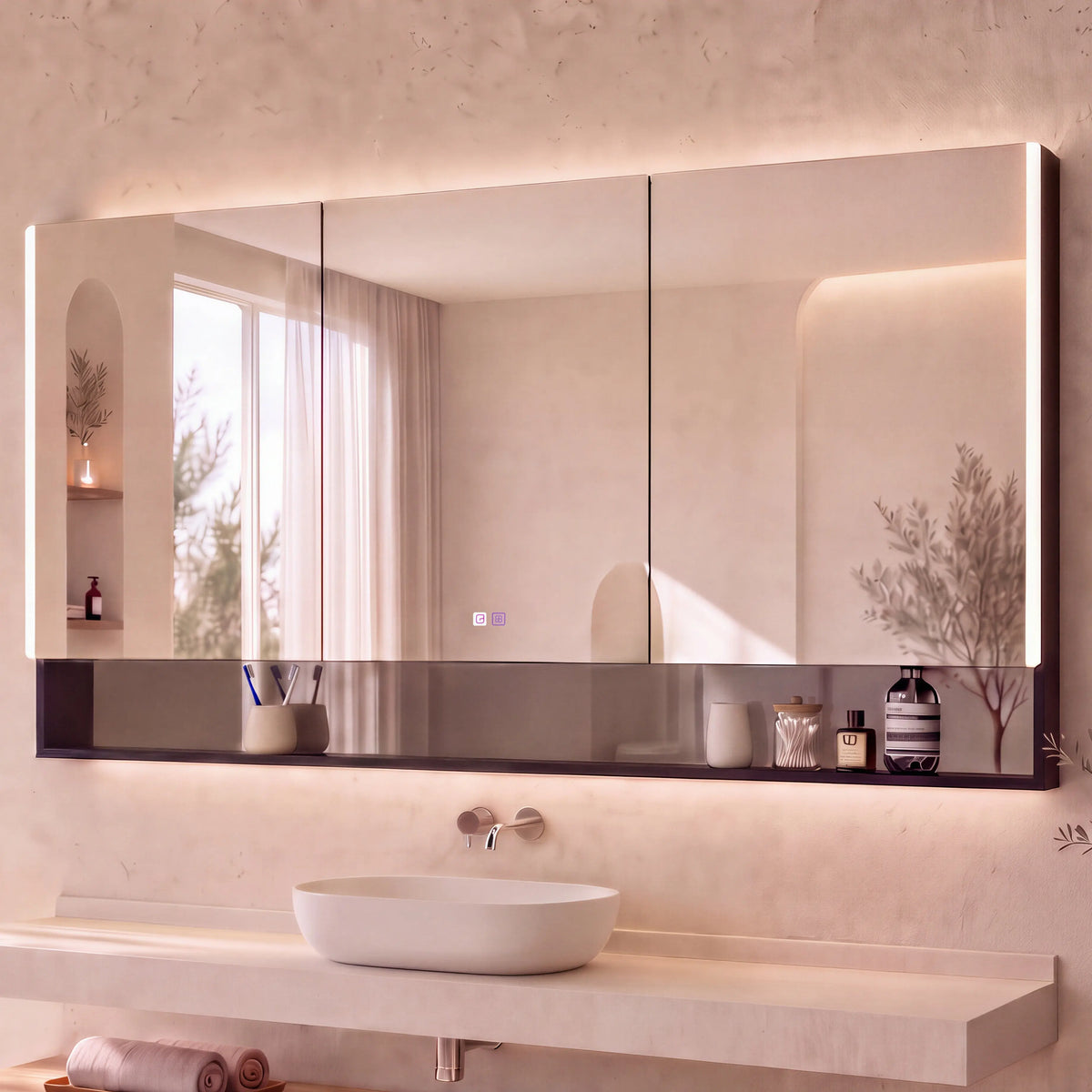A modern bathroom vanity featuring a large rectangular wall mirror with a dark reflective base, mounted above a floating stone sink and wooden console. The room has warm beige textured walls, built-in shelves with candles and decor, and a window on the left with sheer curtains.