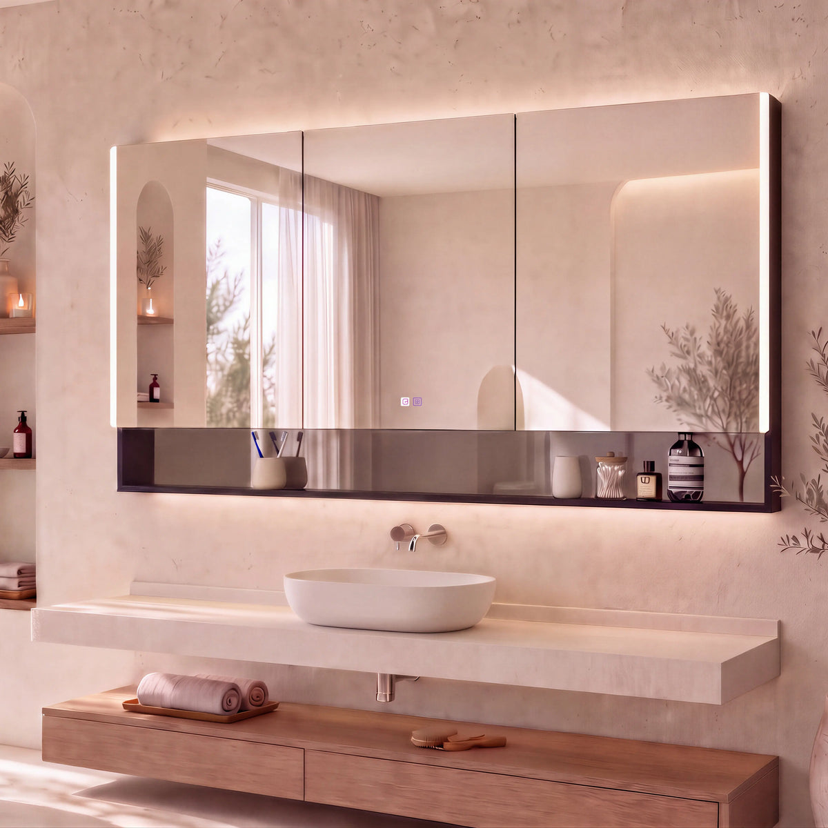 A modern bathroom vanity featuring a large rectangular wall mirror with a dark reflective base, mounted above a floating stone sink and wooden console. The room has warm beige textured walls, built-in shelves with candles and decor, and a window on the left with sheer curtains.