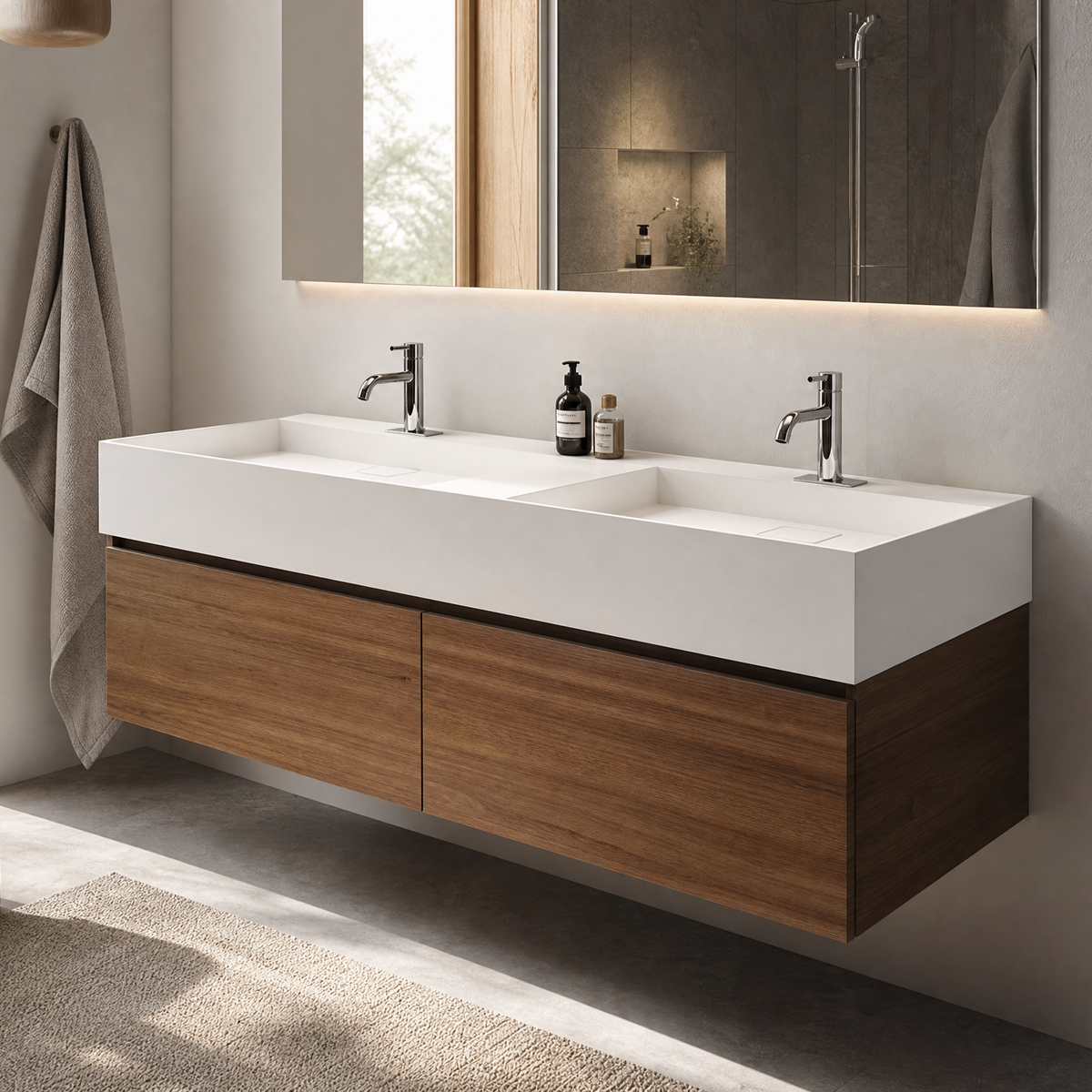 A modern floating double-sink bathroom vanity with a white rectangular countertop and two chrome faucets, mounted on a light gray wall in a bright bathroom setting.