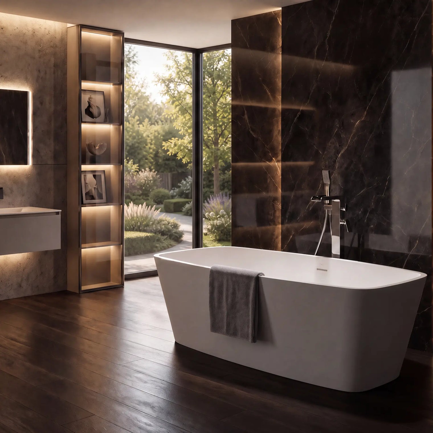 A modern freestanding bathtub in a luxurious bathroom with dark marble walls, wood flooring, and a large window overlooking a garden.
