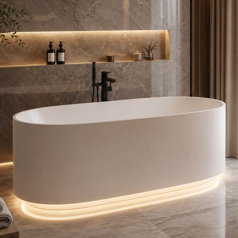A modern luxury bathroom featuring a freestanding oval bathtub with warm under-light, marble walls and floor, a floating double vanity with a white vessel sink, and a large mirror.