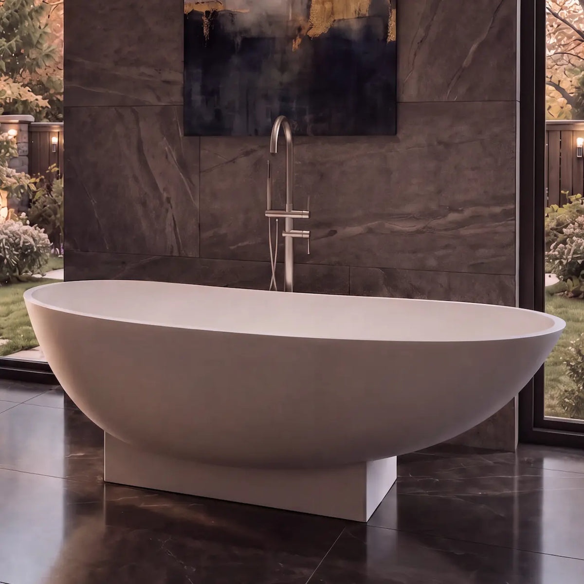 A modern freestanding oval bathtub in a luxury bathroom with dark stone walls and floor, a white vessel sink on a floating vanity, and large windows overlooking a garden.