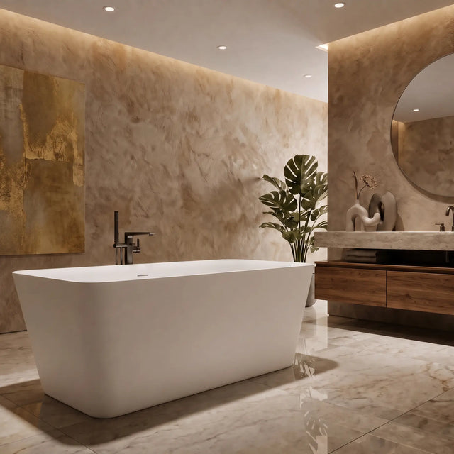 A modern freestanding white bathtub in a luxurious bathroom with textured beige stone walls, a large gold-toned abstract painting, a round wall mirror, and a wooden vanity.