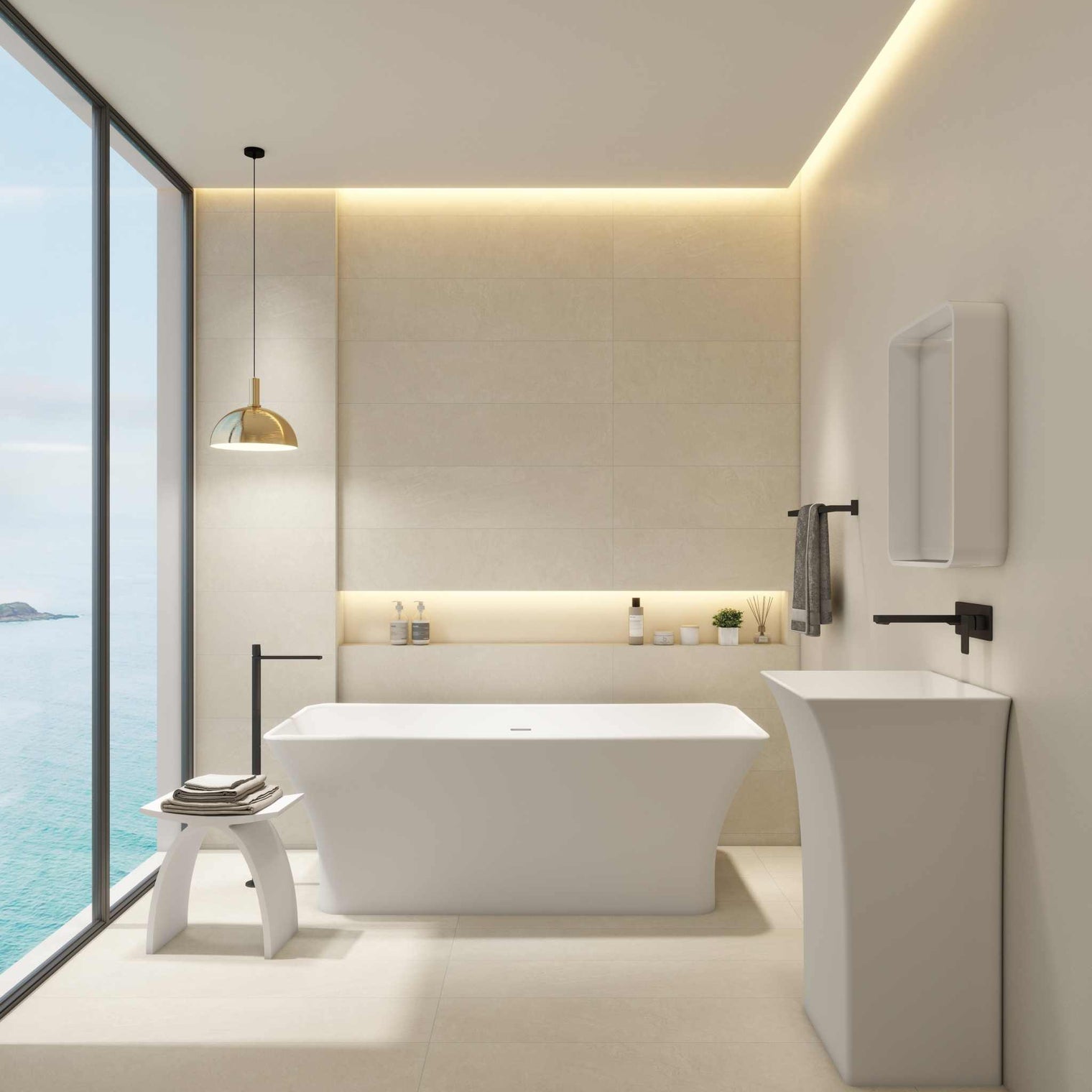 Freestanding bathtubs Ragusa 165 made of INFINITE Solid Surfaces with built-in overflow and pop-up drainage