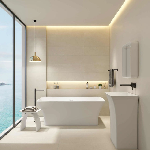 Freestanding bathtubs Ragusa 165 made of INFINITE Solid Surfaces with built-in overflow and pop-up drainage