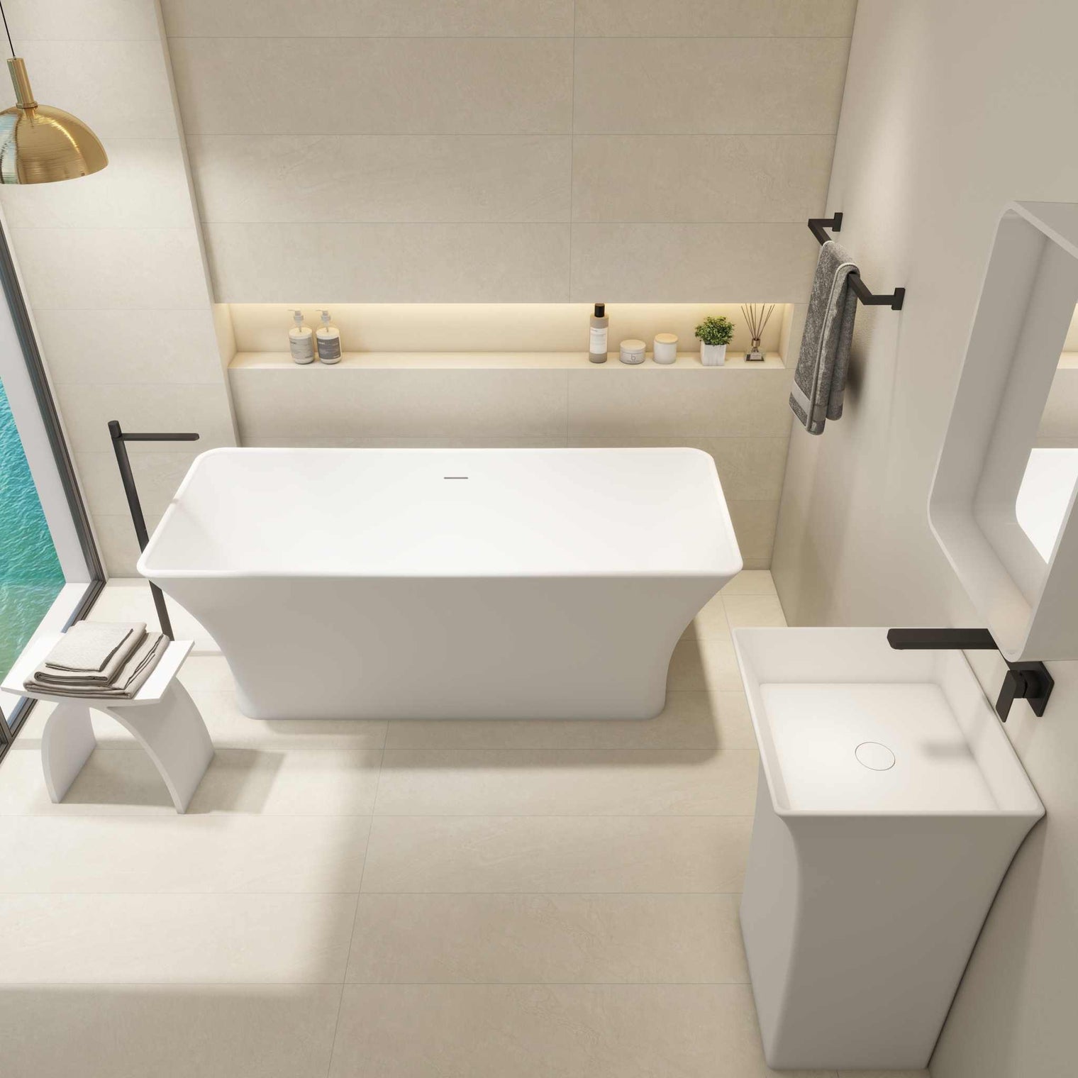 Ragusa 165 freestanding bathtubs in INFINITE solid surface with built-in overflow and pop-up drainage