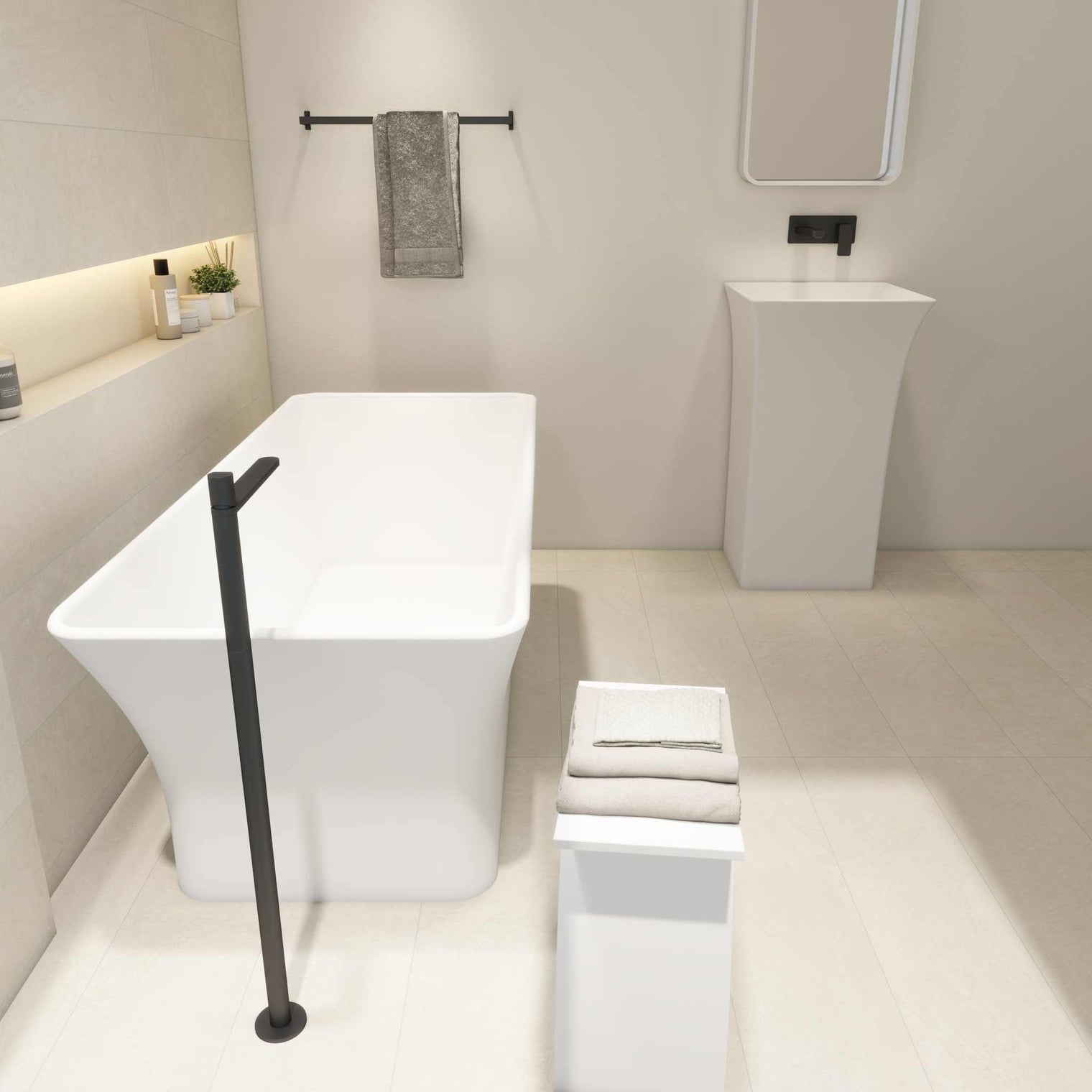 Freestanding bathtubs Ragusa 165 made of INFINITE Solid Surfaces with built-in overflow and pop-up drainage