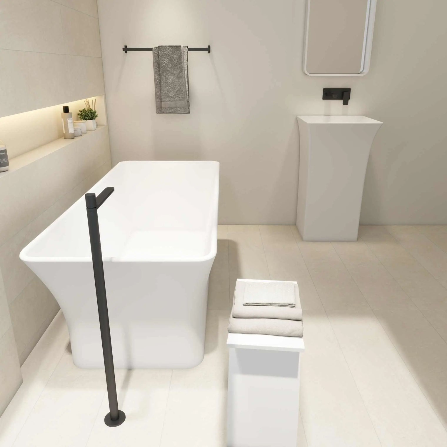 Freestanding bathtubs Ragusa 165 made of INFINITE Solid Surfaces with built-in overflow and pop-up drainage