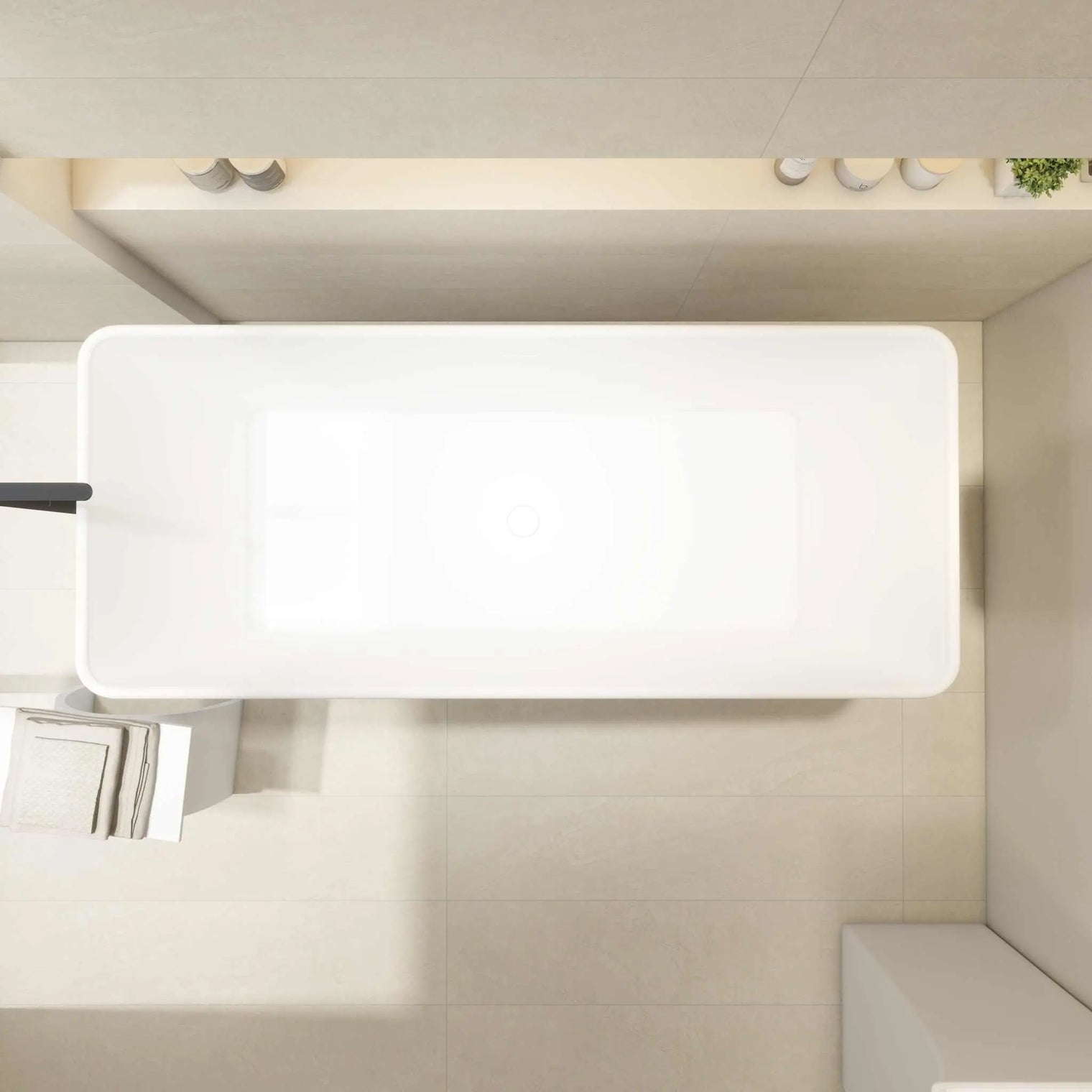 Modern Ragusa 165 freestanding bathtubs in INFINITE Solid Surfaces with built-in overflow, pop-up drainage, waste pipe, and adjustable feet