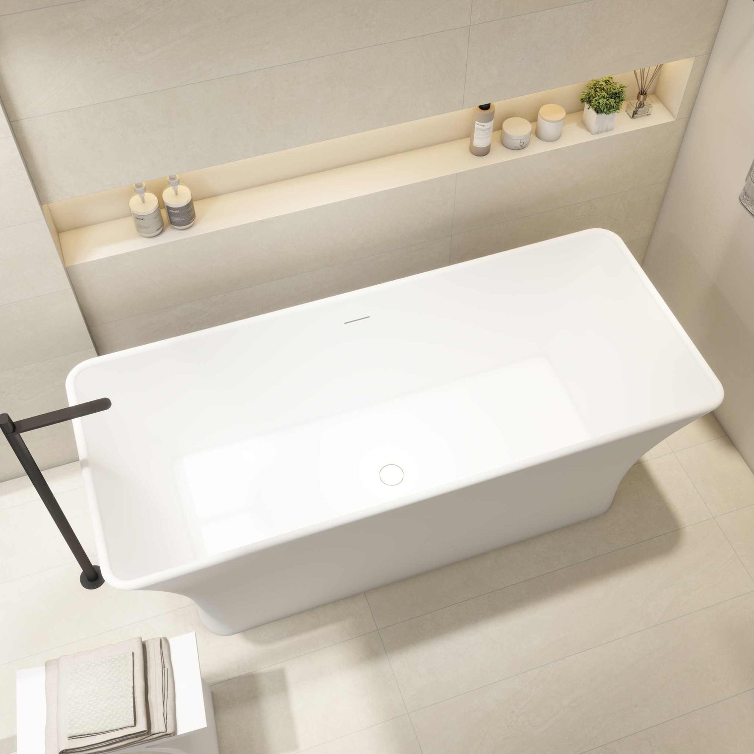 Freestanding Ragusa 165 bathtubs in INFINITE Solid Surfaces with built-in overflow and pop-up drainage