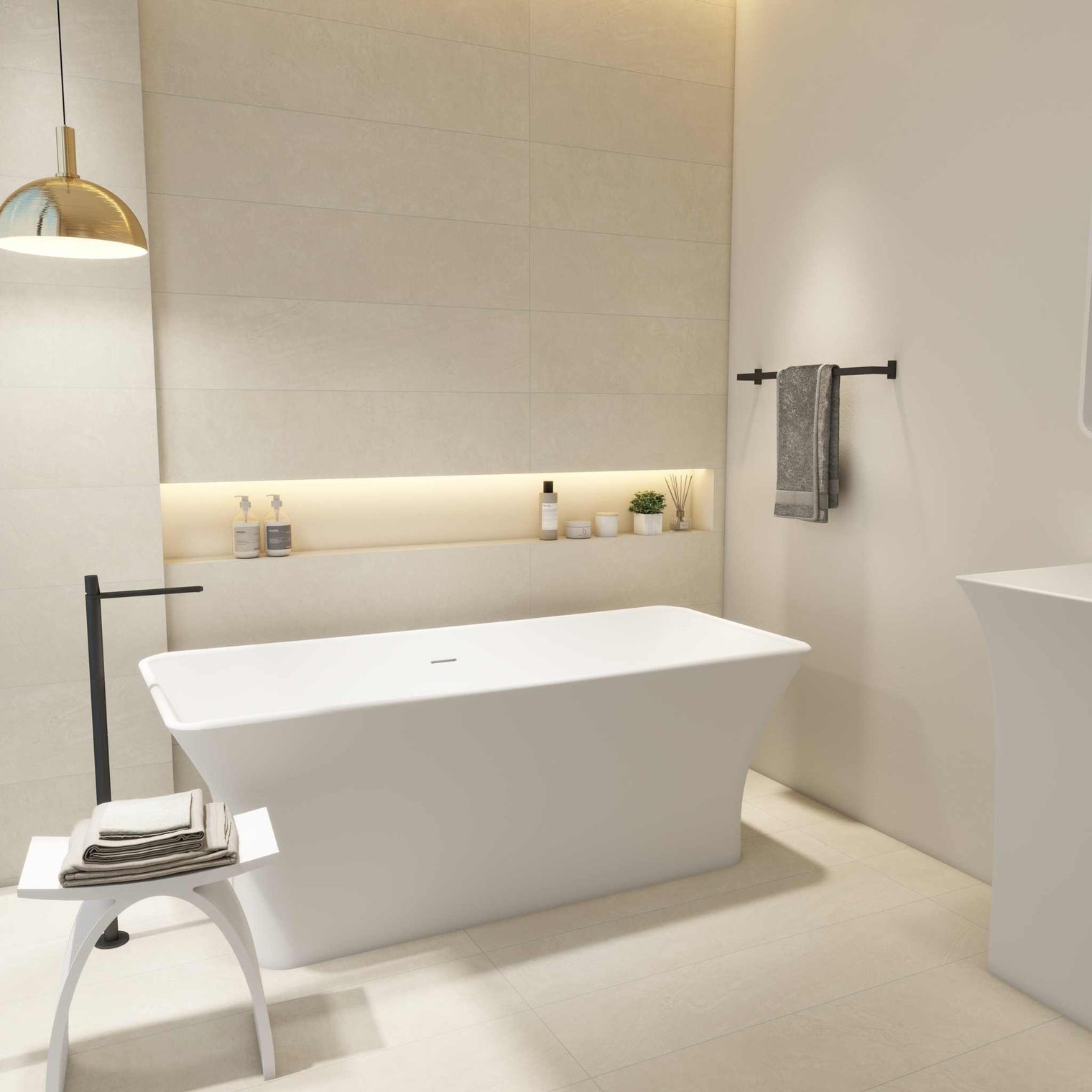 Freestanding Ragusa 165 bathtubs in INFINITE solid surfaces with built-in overflow and pop-up drainage