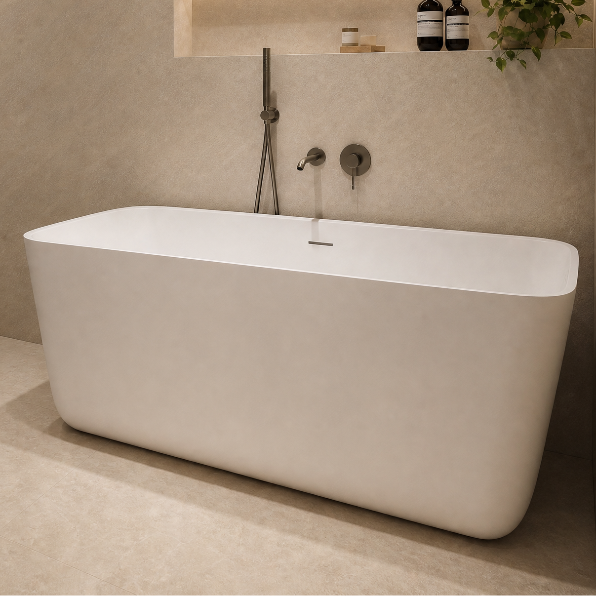 A modern freestanding bathtub in a minimalist beige-toned bathroom, with a glass shower enclosure, built-in shelving, and warm ambient lighting.