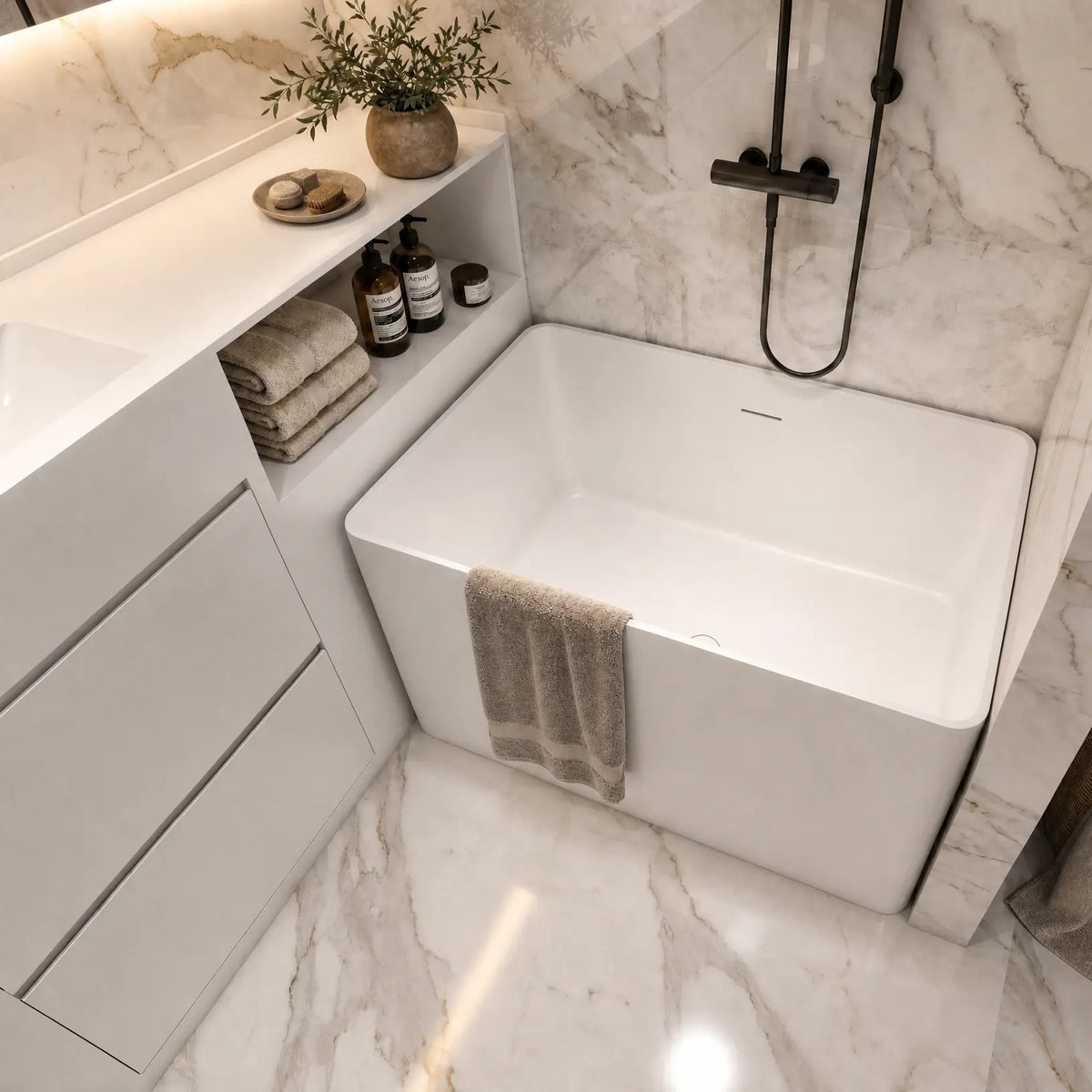 A modern freestanding white bathtub installed in a marble bathroom, with a black wall-mounted shower fixture, beige towels, a vanity shelf with toiletries, and a woven basket on the floor.