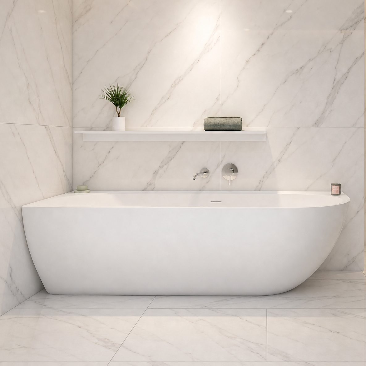 A modern freestanding bathtub in a bright marble-look bathroom with a glass shower enclosure, recessed lighting, and built-in shelving.