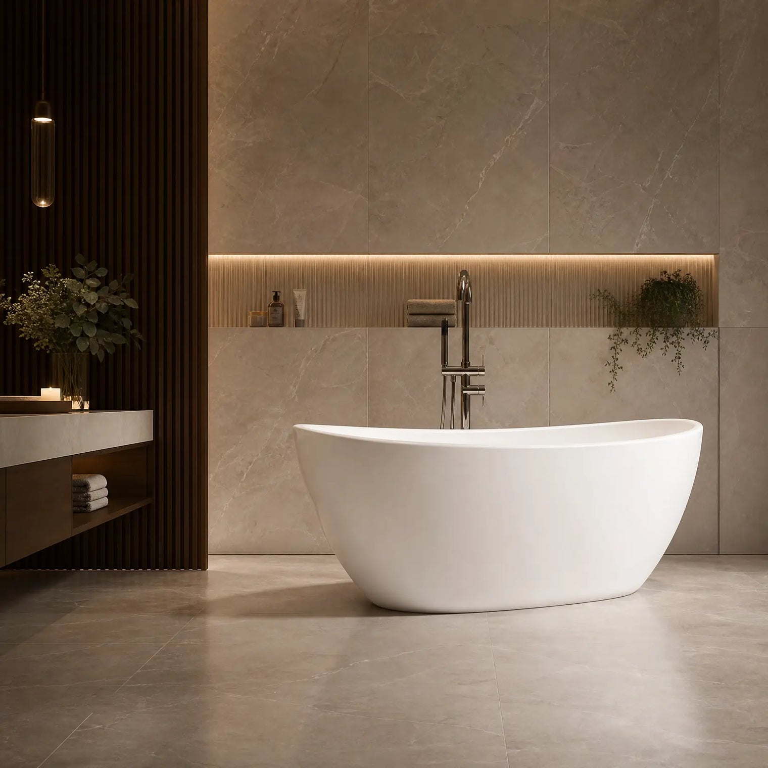 A modern freestanding oval bathtub in white, set in a luxurious bathroom with beige stone walls and floor, featuring a chrome faucet and built-in wood shelving.