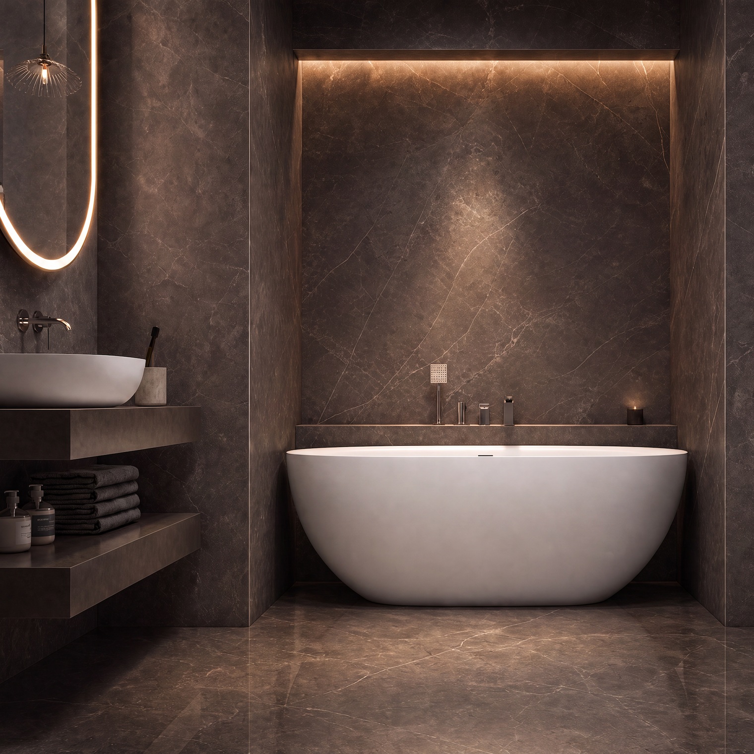 A modern freestanding oval bathtub in a luxurious bathroom with dark brown marble walls and floor, warm ambient lighting, and a floating vanity on the left.