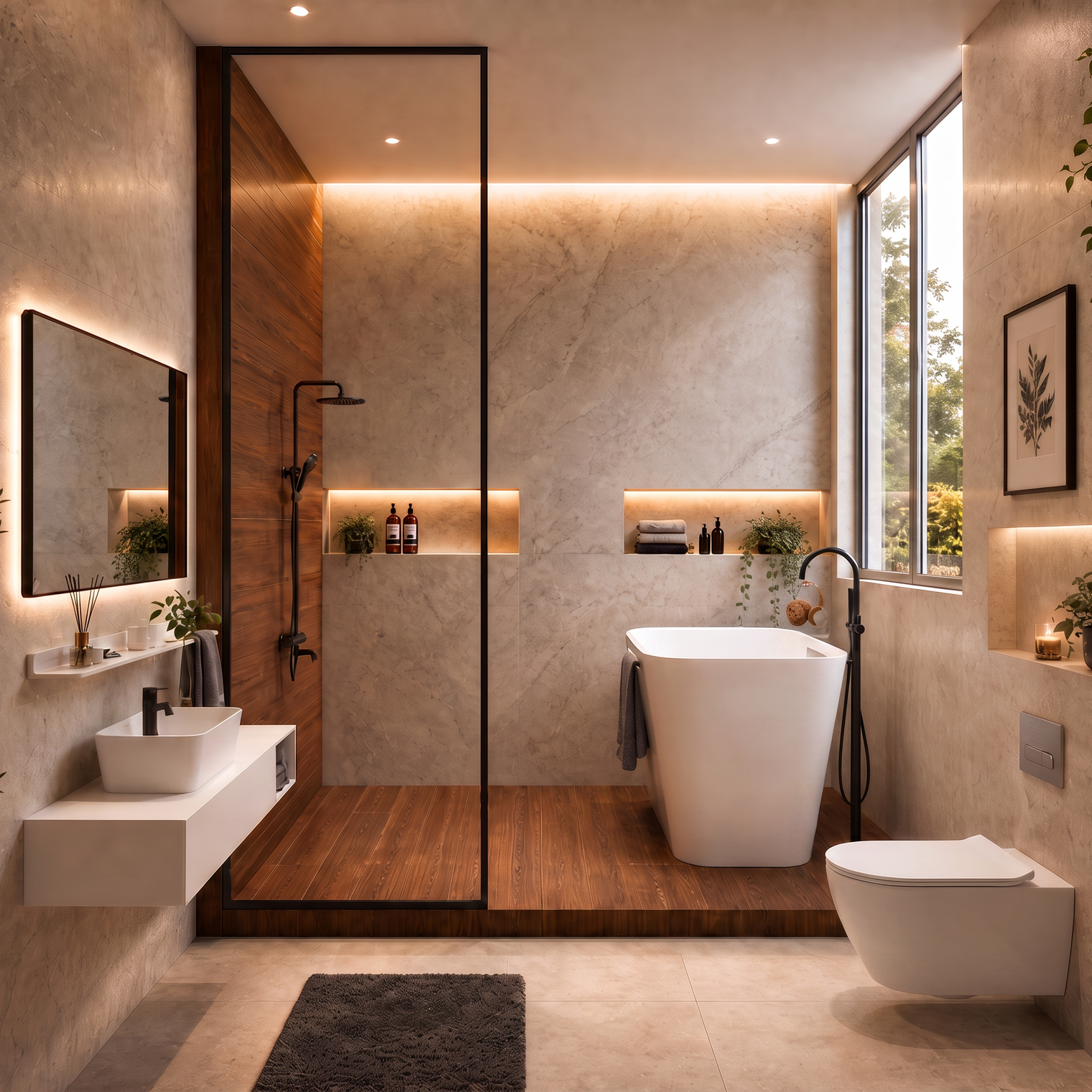 A modern bathroom interior with a freestanding white bathtub, wall-mounted sink, toilet, black-framed glass shower enclosure, wood-look flooring, and warm ambient lighting.