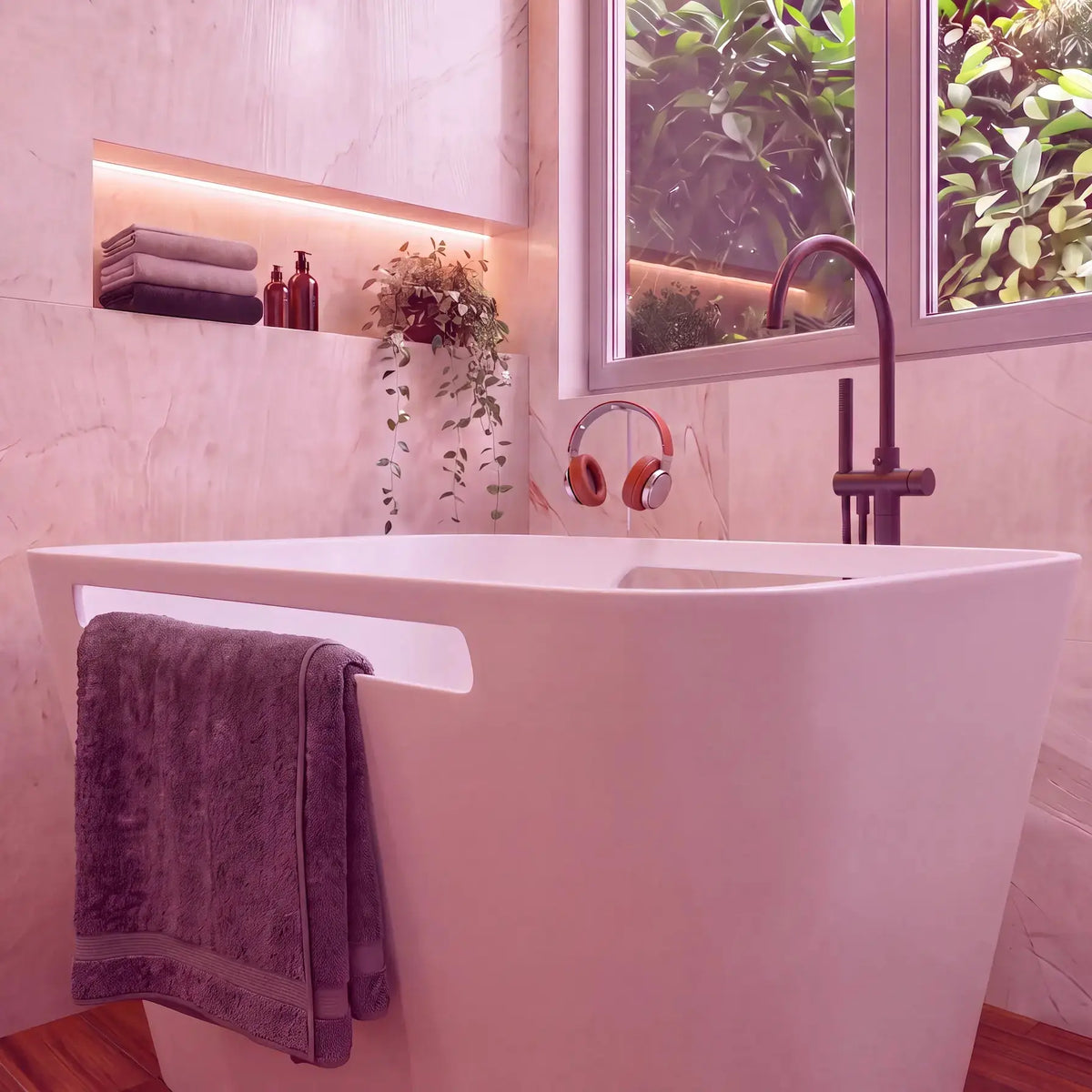 A modern freestanding bathtub in a pink-toned bathroom, with a dark towel draped over the side, a wall-mounted shelf with folded towels and bottles, a window with greenery outside, and a dark faucet. A pair of orange headphones rests on the tub edge.