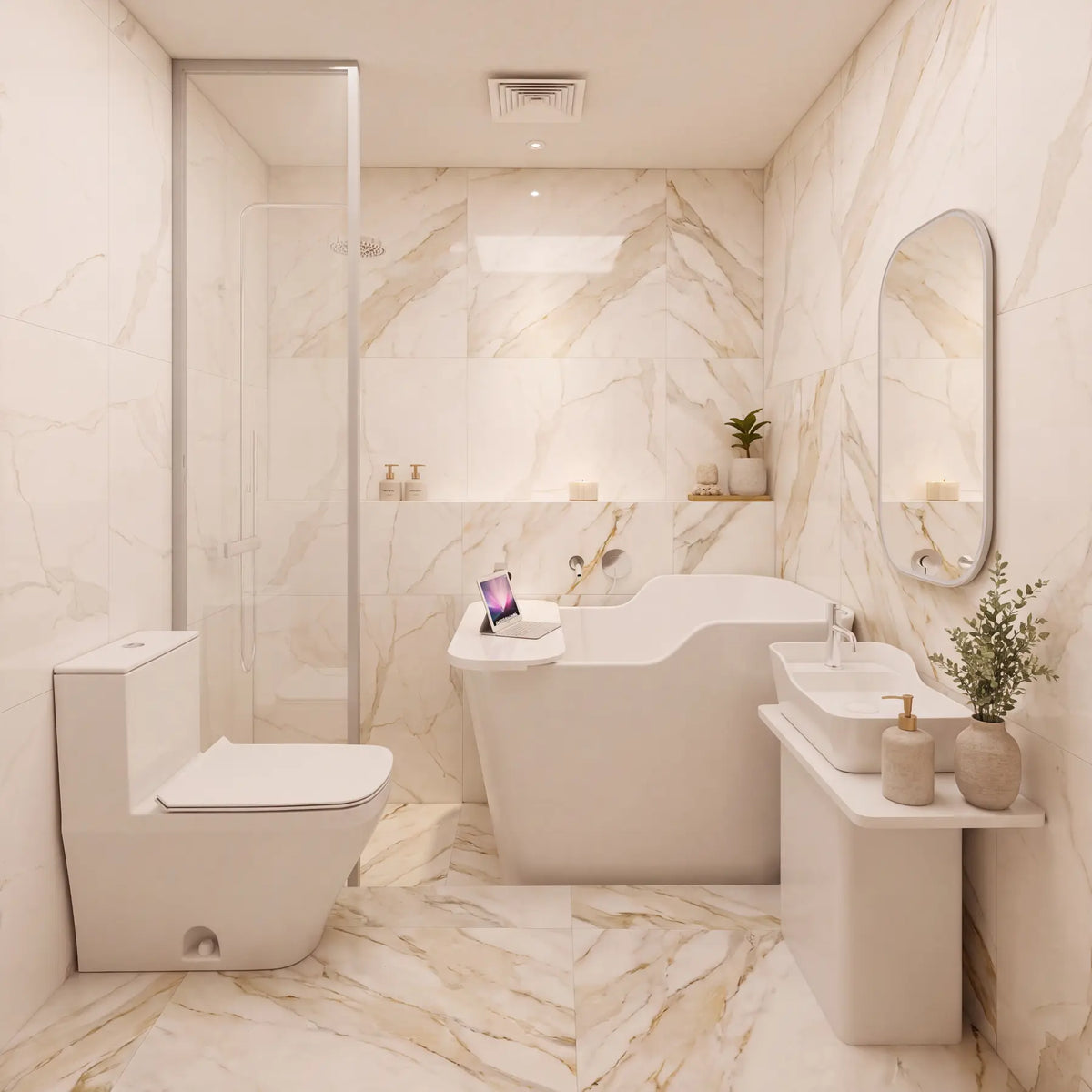 A modern bathroom featuring a freestanding bathtub, a wall-mounted toilet, a vanity with a sink and mirror, and a glass shower enclosure, all set in warm beige marble-look tile.