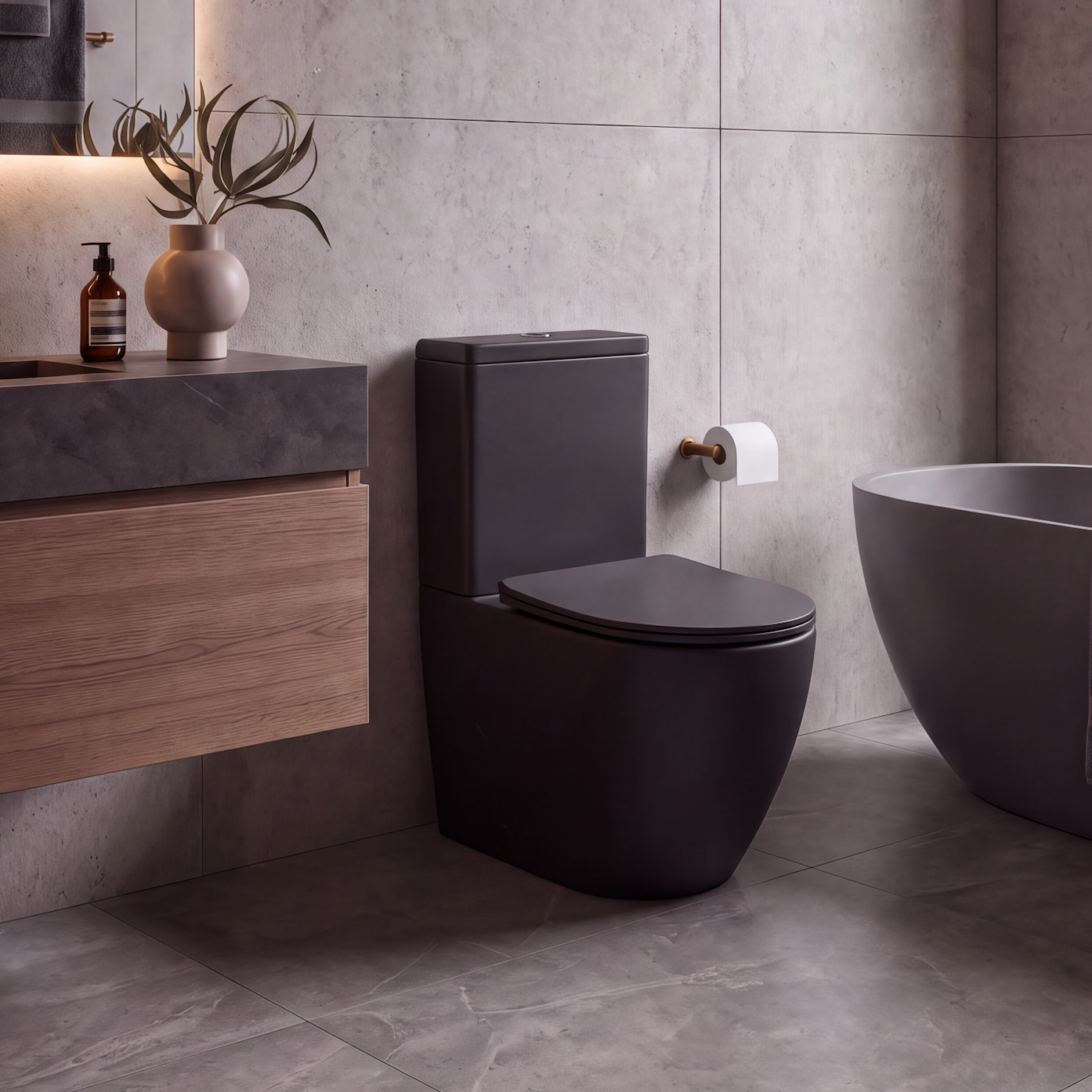 A modern bathroom interior featuring a matte black wall-mounted toilet, a dark floating vanity with wood grain, gray stone-look tiles, a freestanding oval bathtub, and brass fixtures.