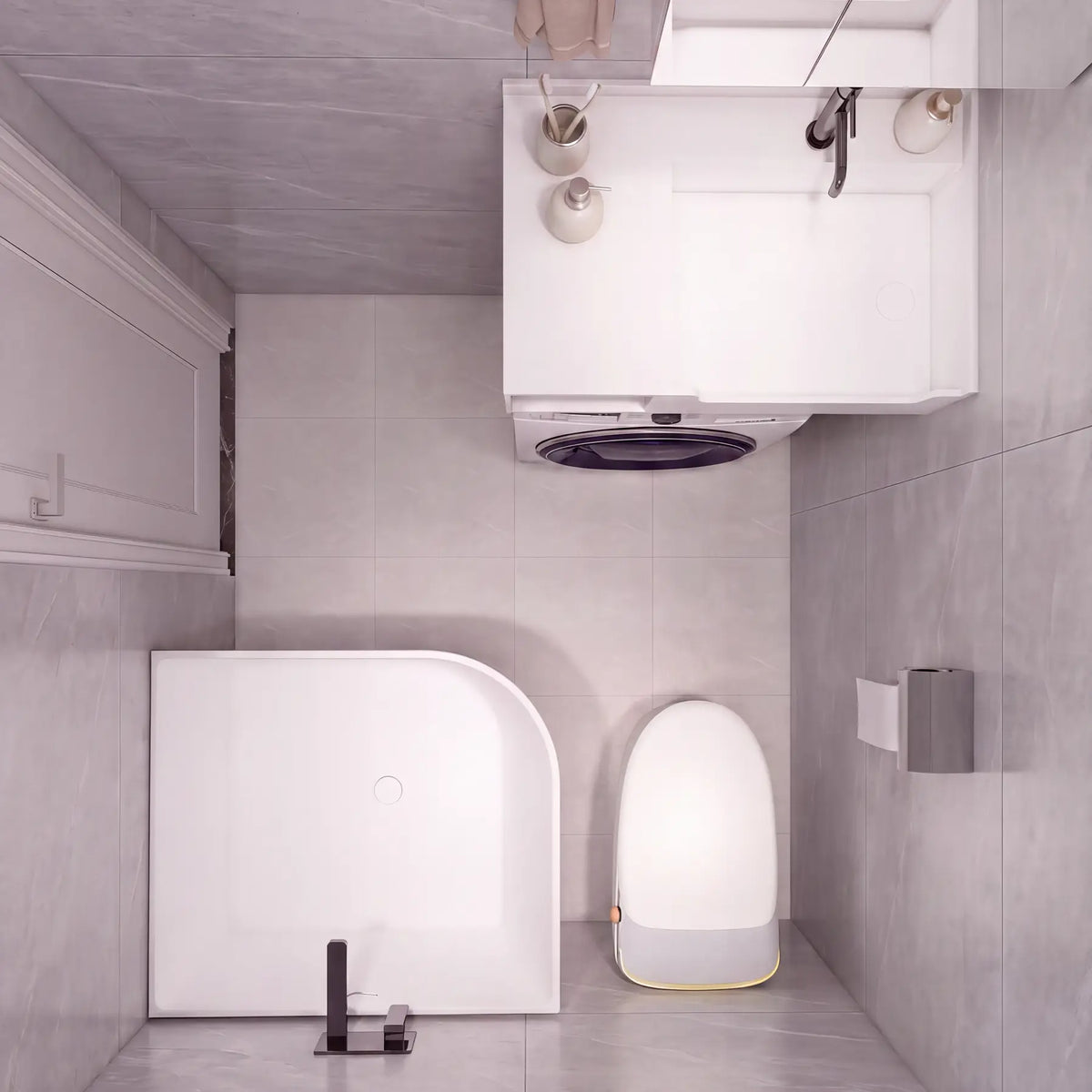 A modern compact bathroom layout with light gray tiled walls and floor, featuring a white freestanding bathtub, a white wall-mounted vanity with sink and mirror, a toilet, and a built-in washing machine, plus a small window on the left.