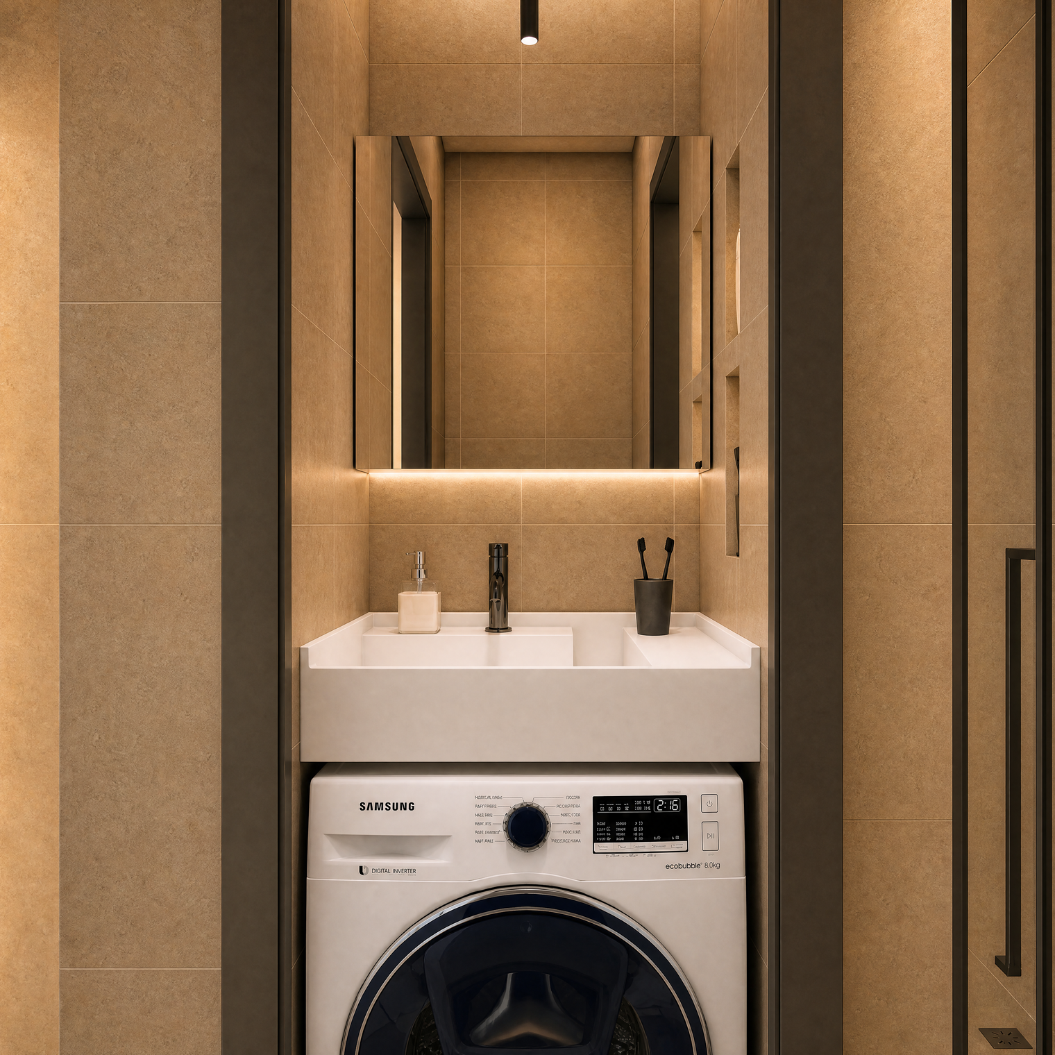 A modern bathroom setup featuring a Samsung washing machine integrated beneath a white double-sink vanity with a large mirror and warm ambient lighting.