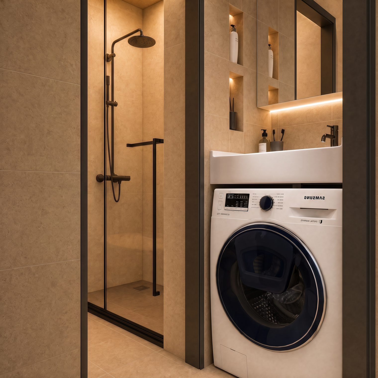 A modern bathroom interior featuring a white Samsung front-load washing machine with a dark navy blue drum, positioned next to a glass-enclosed shower stall with warm beige tiled walls.