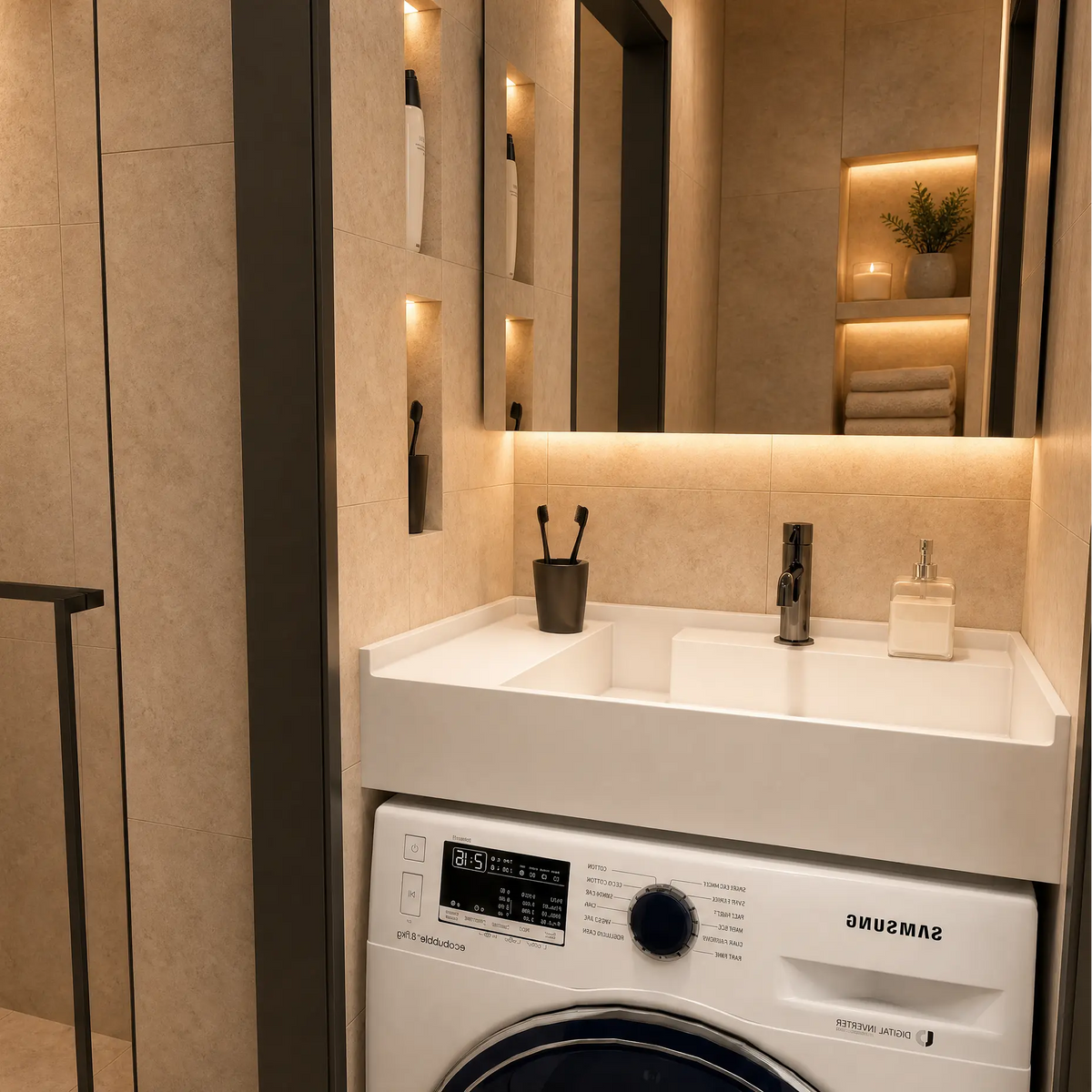 A modern bathroom vanity setup featuring a white Samsung washing machine integrated beneath a white sink with a chrome faucet, set against warm beige stone walls with built-in shelving and a glass shower enclosure.
