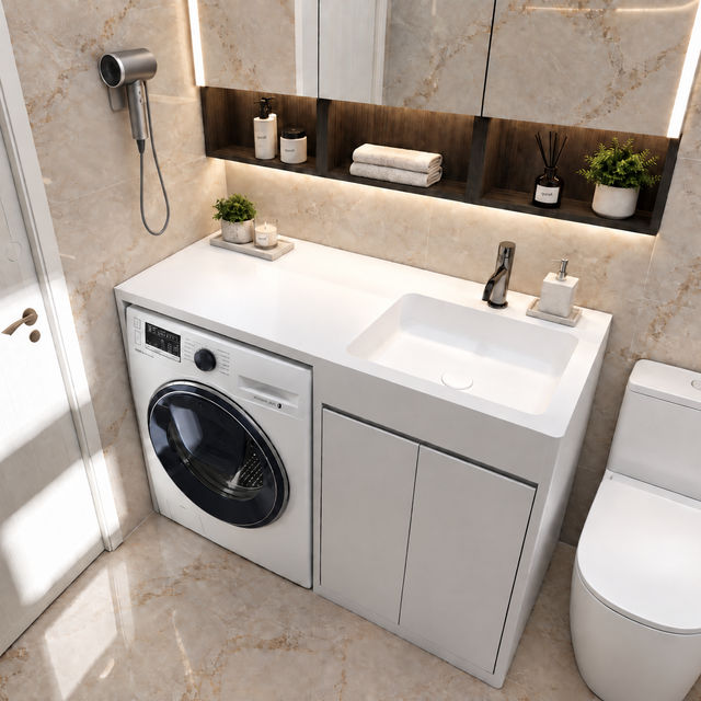 A modern bathroom vanity unit with an integrated white sink and a front-loading washing machine, set against beige marble-look tiled walls. A white toilet is visible on the left, and a white door is on the right.