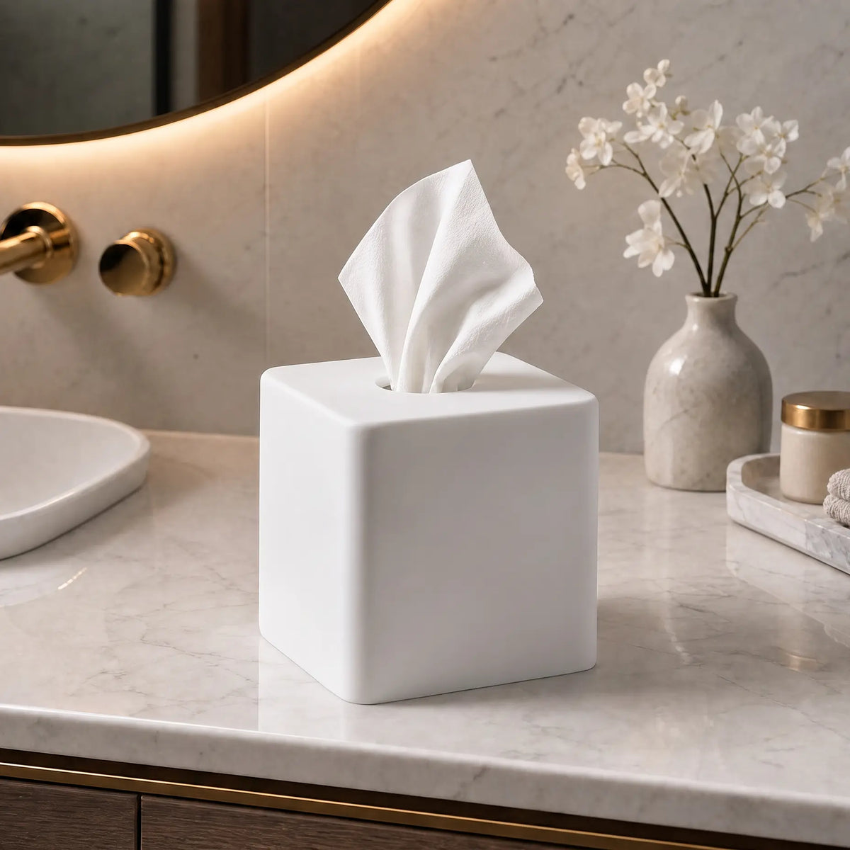 A white square tissue box cover holding a white tissue, styled on a marble bathroom counter next to a gold faucet, a vase of flowers, and a small jar.