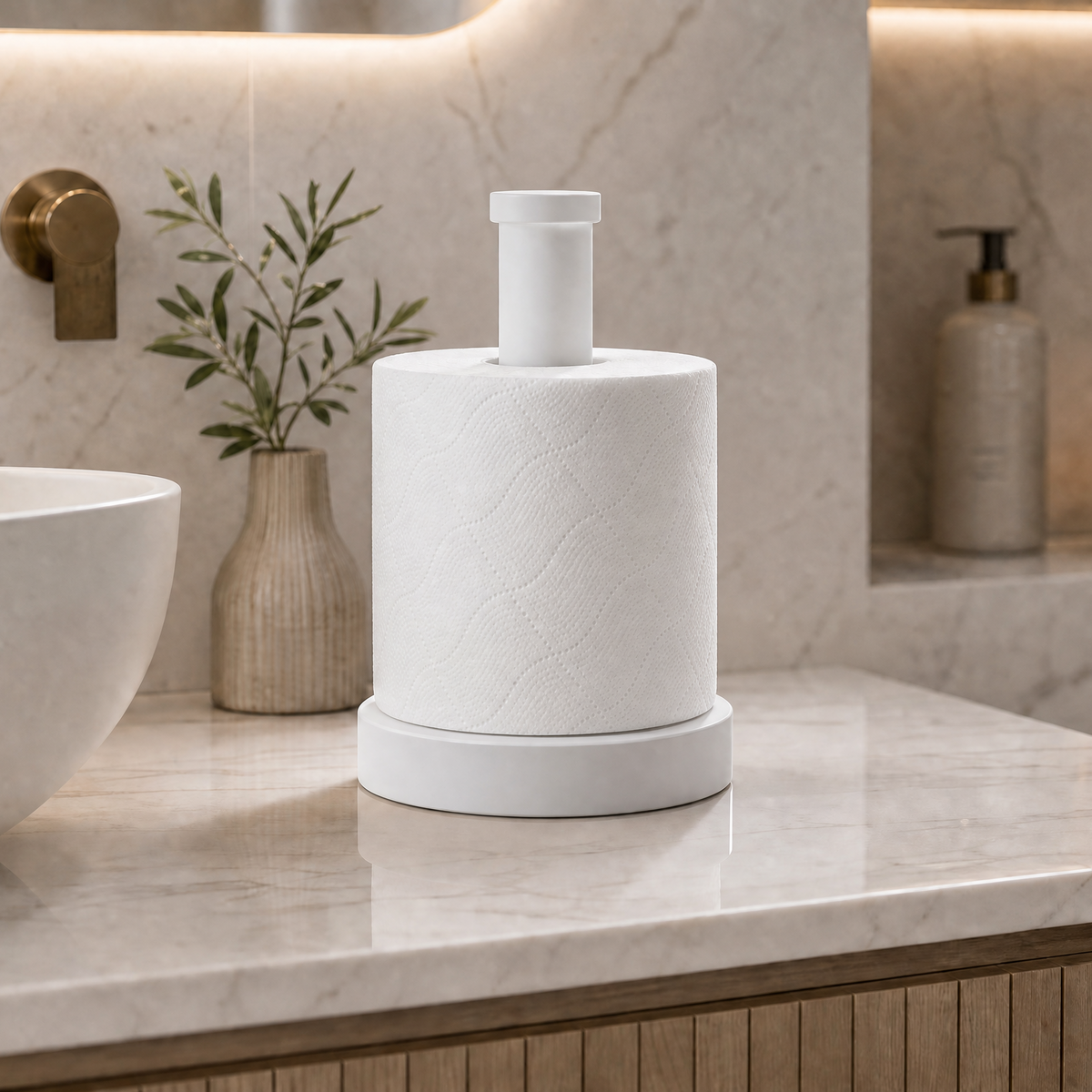 A white textured cylindrical bathroom accessory with a small top spout, displayed on a marble countertop in a modern bathroom setting.