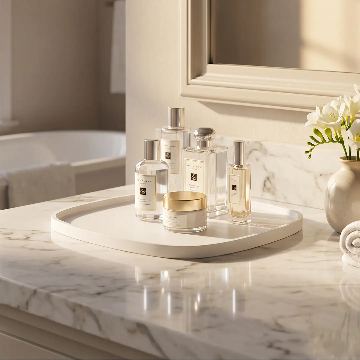 A set of luxury skincare and fragrance bottles arranged on a white oval tray on a marble bathroom vanity, with a rolled towel, a small vase of white flowers, and a lit candle nearby.