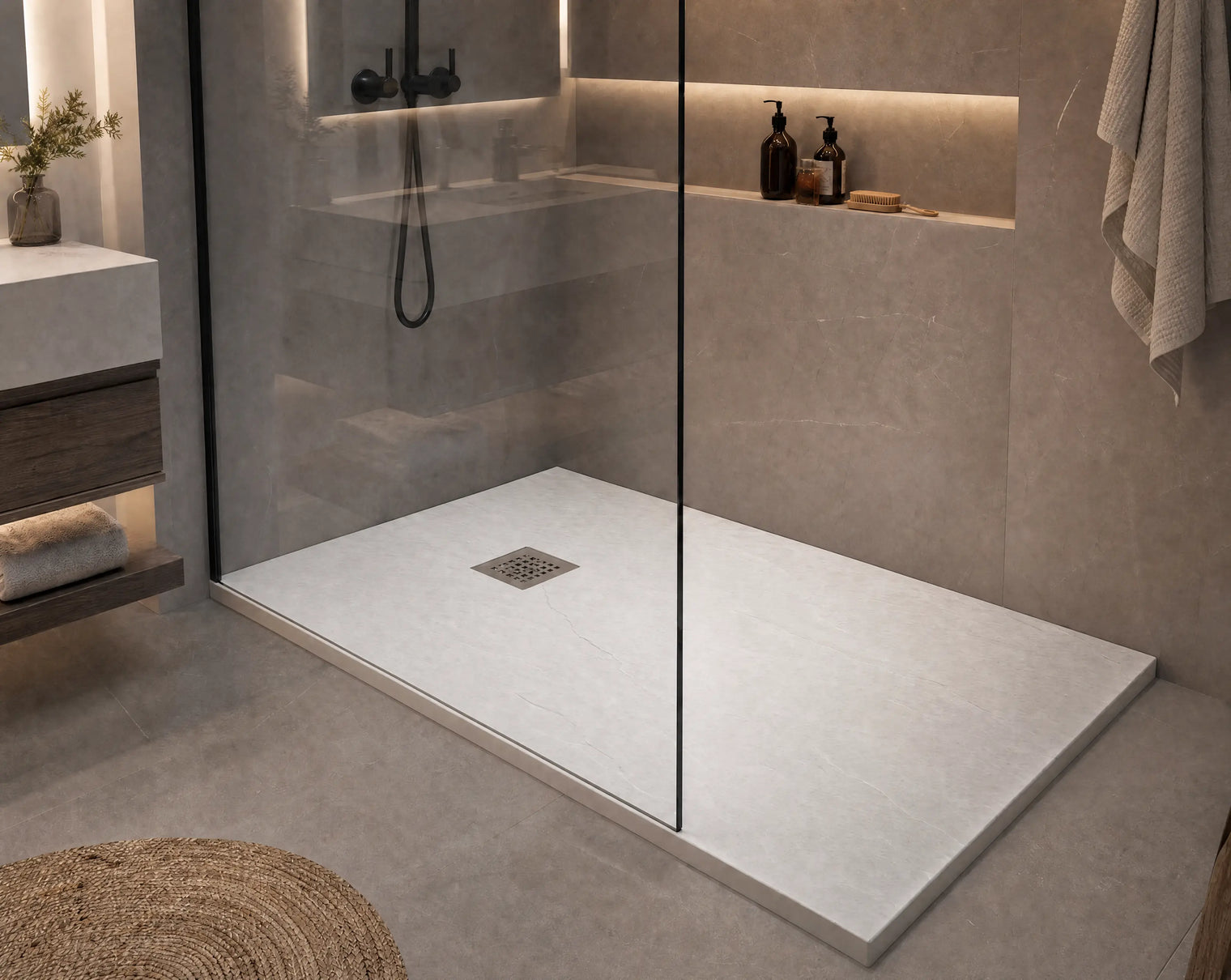 Modern shower with a flat floor and built-in shelves in a bathroom setting.