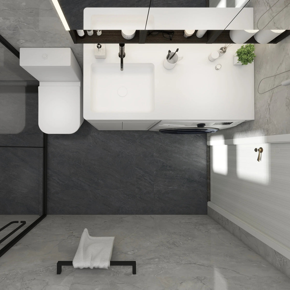 Modern bathroom interior with white fixtures and gray walls.