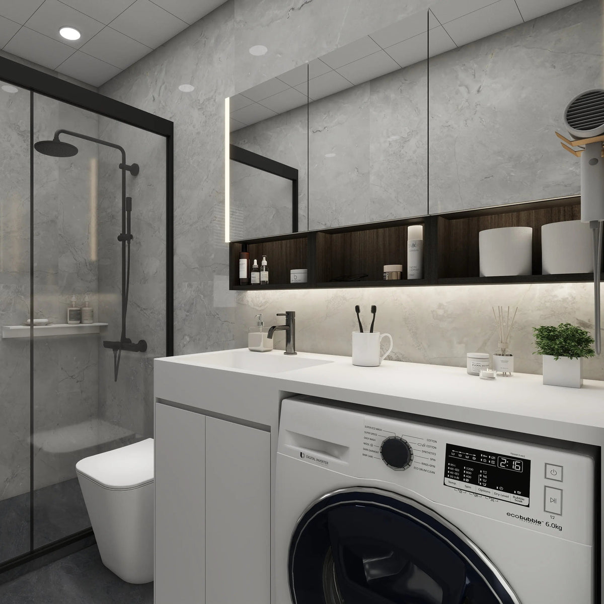 Modern bathroom with washing machine, sink, and shower